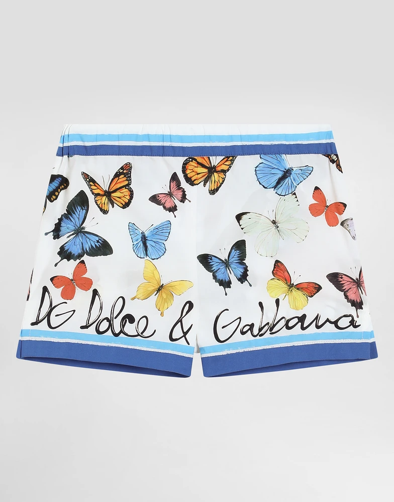 Striped poplin shorts with butterfly print