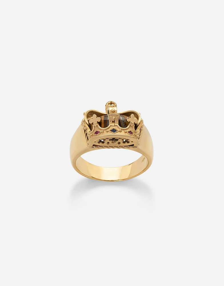 Royal Ring 18-carat yellow gold, tiger iron, rubies, and blue sapphire