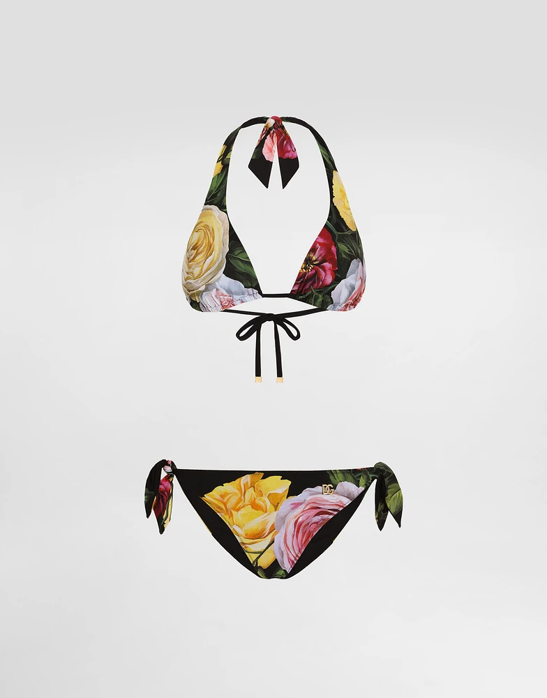 Rose and Peony-print padded triangle bikini