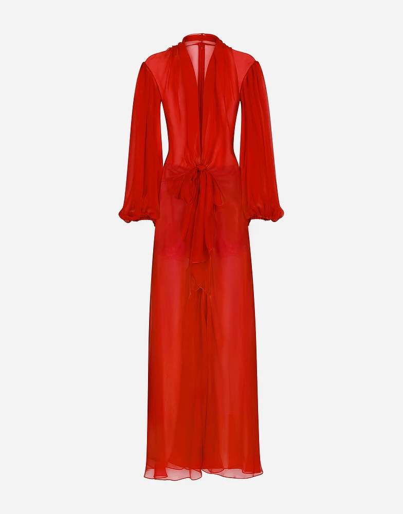 Long silk chiffon dress with bow detail