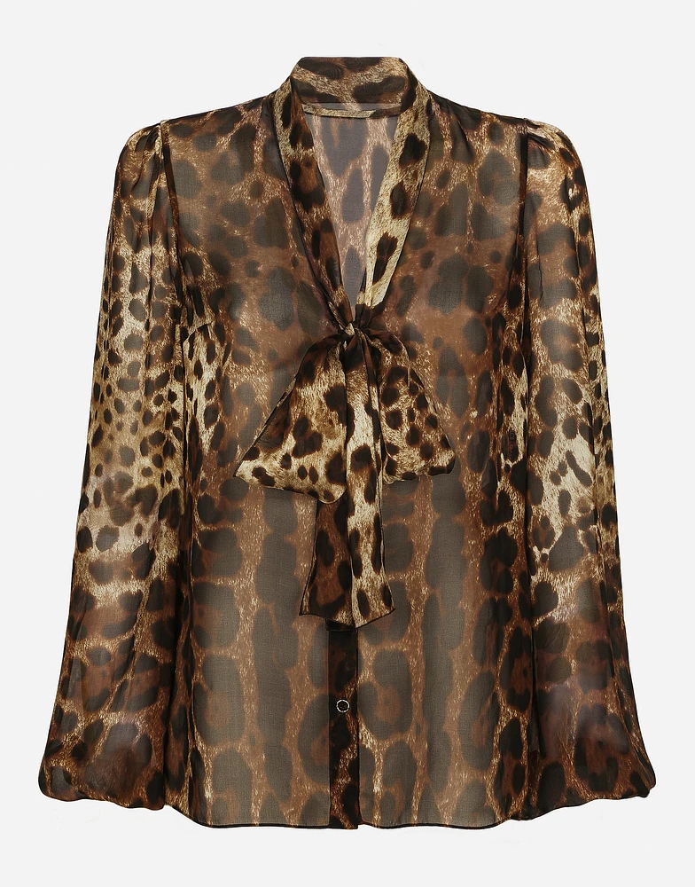 Leopard-print chiffon pussy-bow shirt