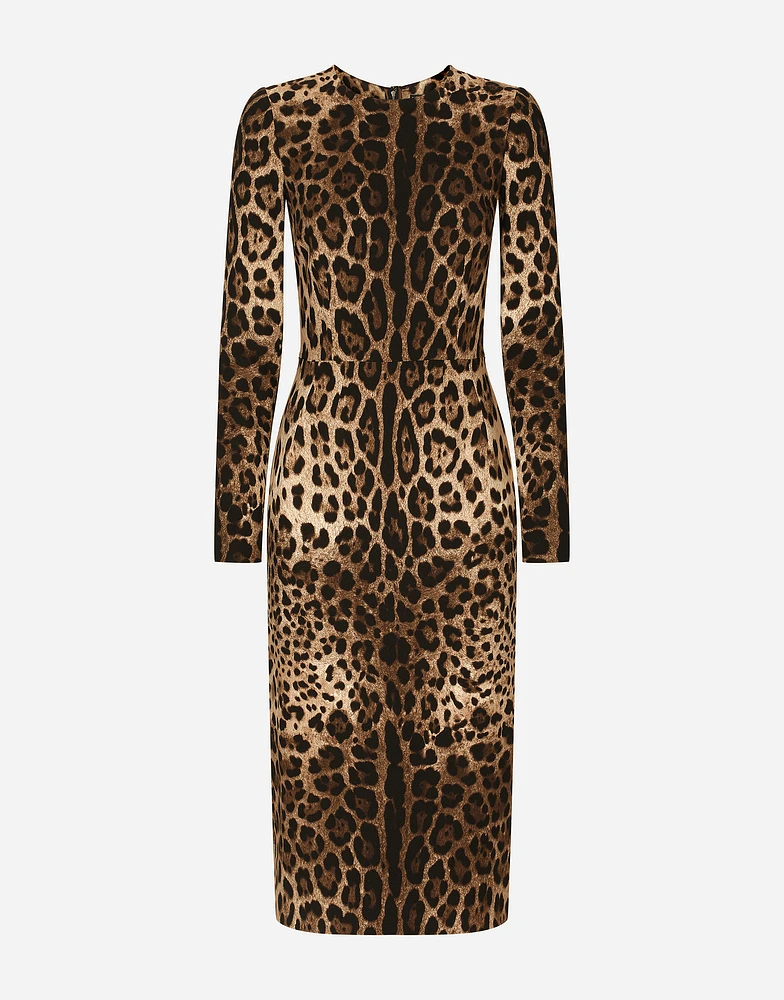 Leopard-print cady dress with long sleeves