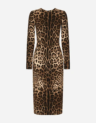 Leopard-print cady dress with long sleeves