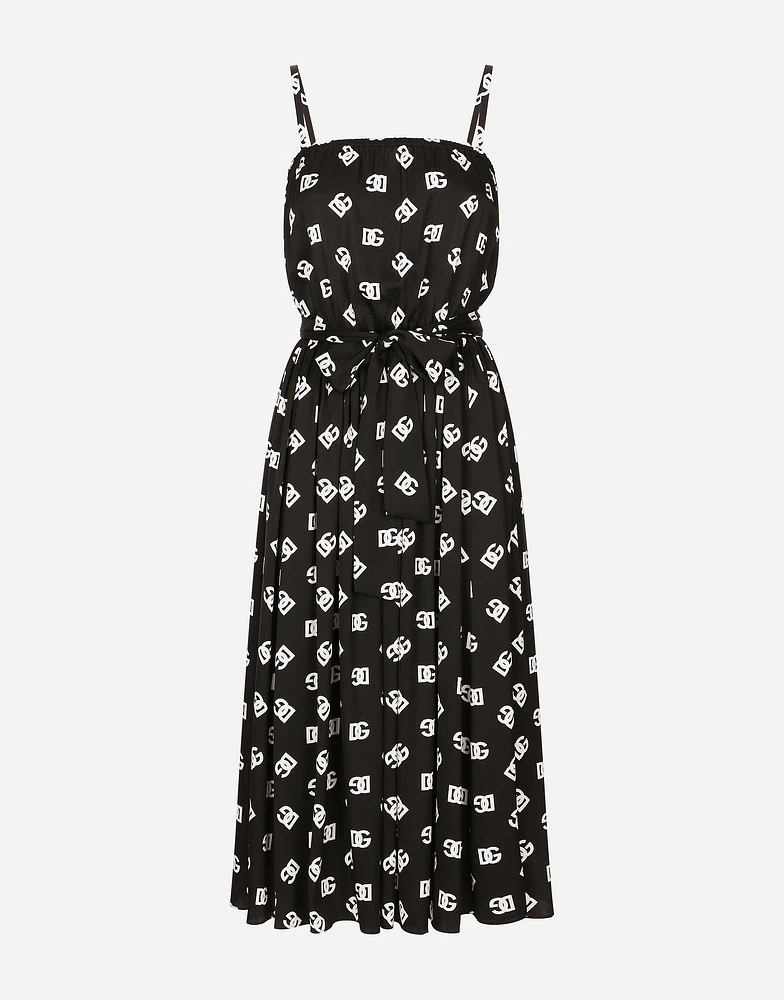 Charmeuse calf-length dress with all-over DG logo print