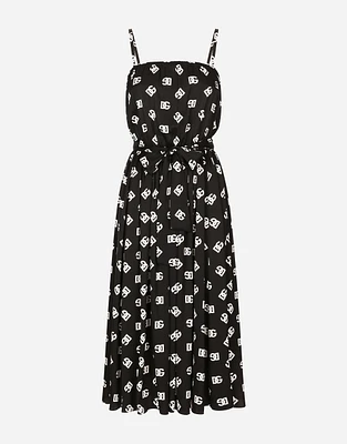 Charmeuse calf-length dress with all-over DG logo print