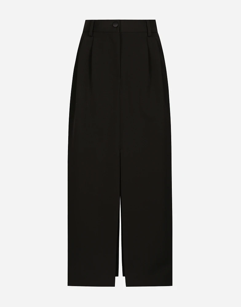 Wool gabardine calf-length tuxedo pencil skirt