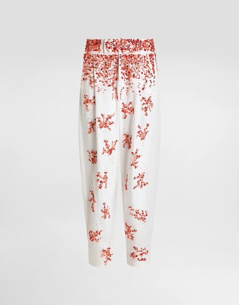 Cotton twill pants with coral embroidery