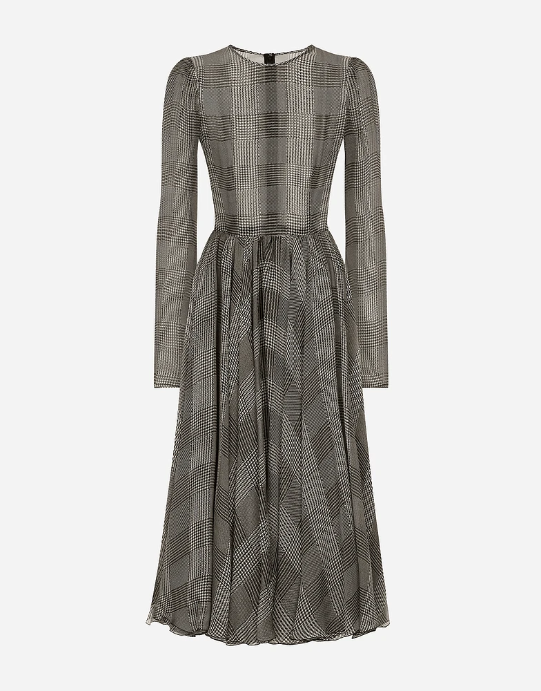 Chiffon calf-length circle skirt with glen plaid print