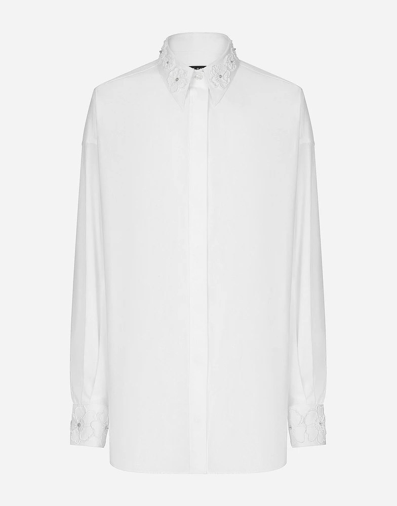 Long-sleeved cotton shirt with embroidered collar