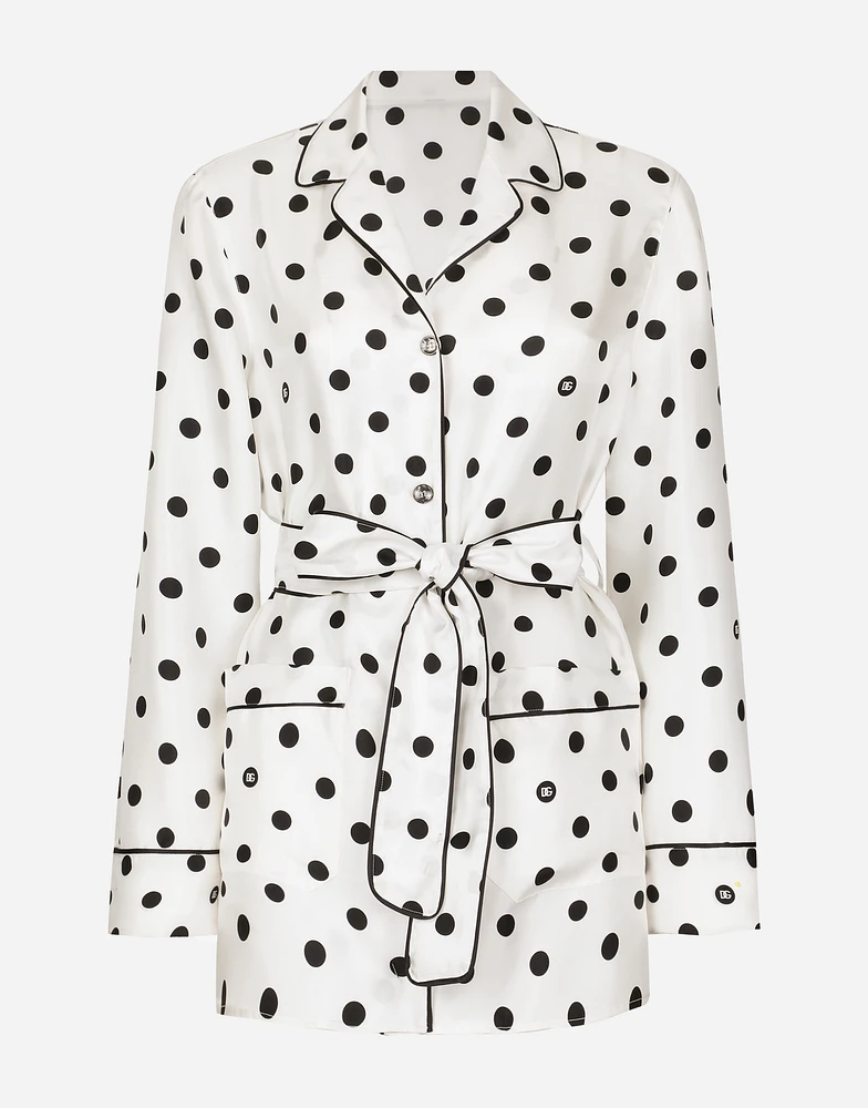 Long-sleeved silk pajama shirt with polka-dot print