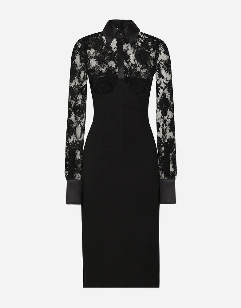 Calf-length jersey and lace dress with corset details