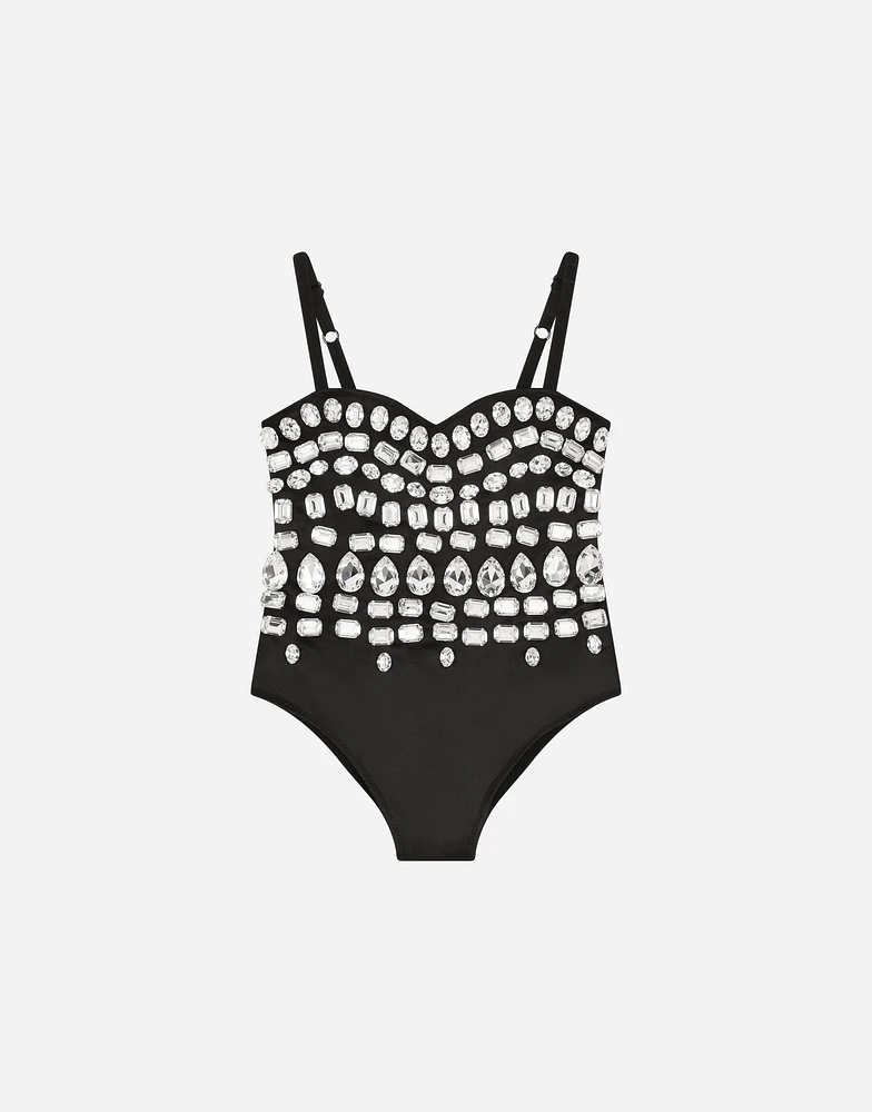 Stretch satin bodysuit with fusible rhinestones