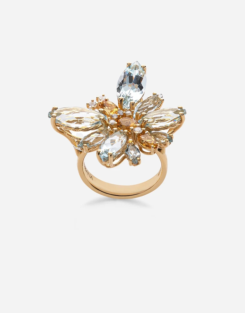 Butterfly Ring 18-carat yellow gold, aquamarines, citrines, and diamonds