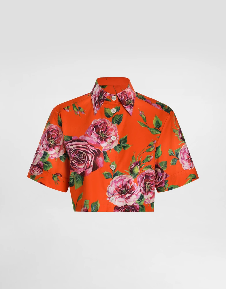 Short cotton shirt with antique rose print