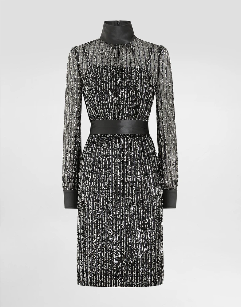 Midi dress with vertical sequin stripe embroidery
