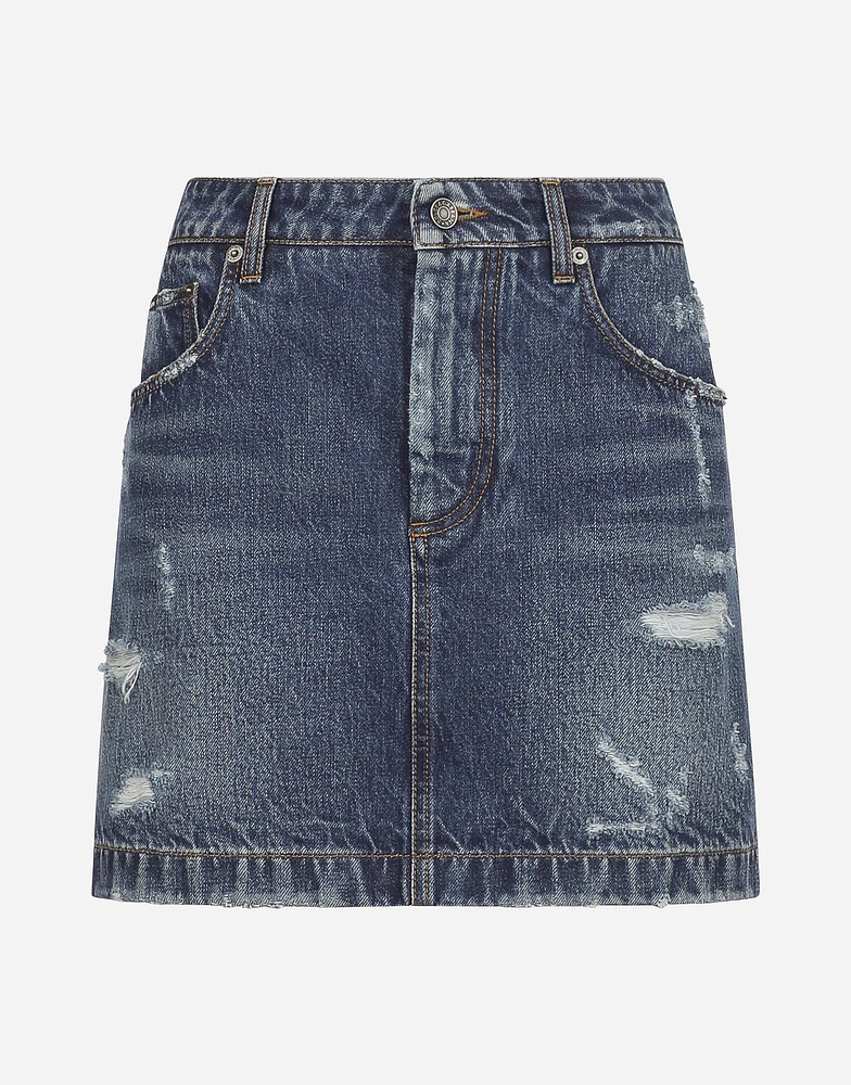 Denim mini skirt with rips