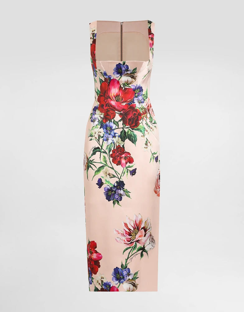 Satin calf-length sheath dress with floral print