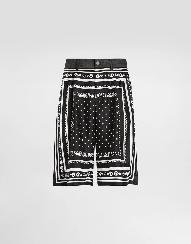 Printed silk and denim shorts