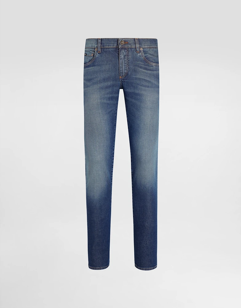 Skinny stretch cotton jeans with logo embroidery