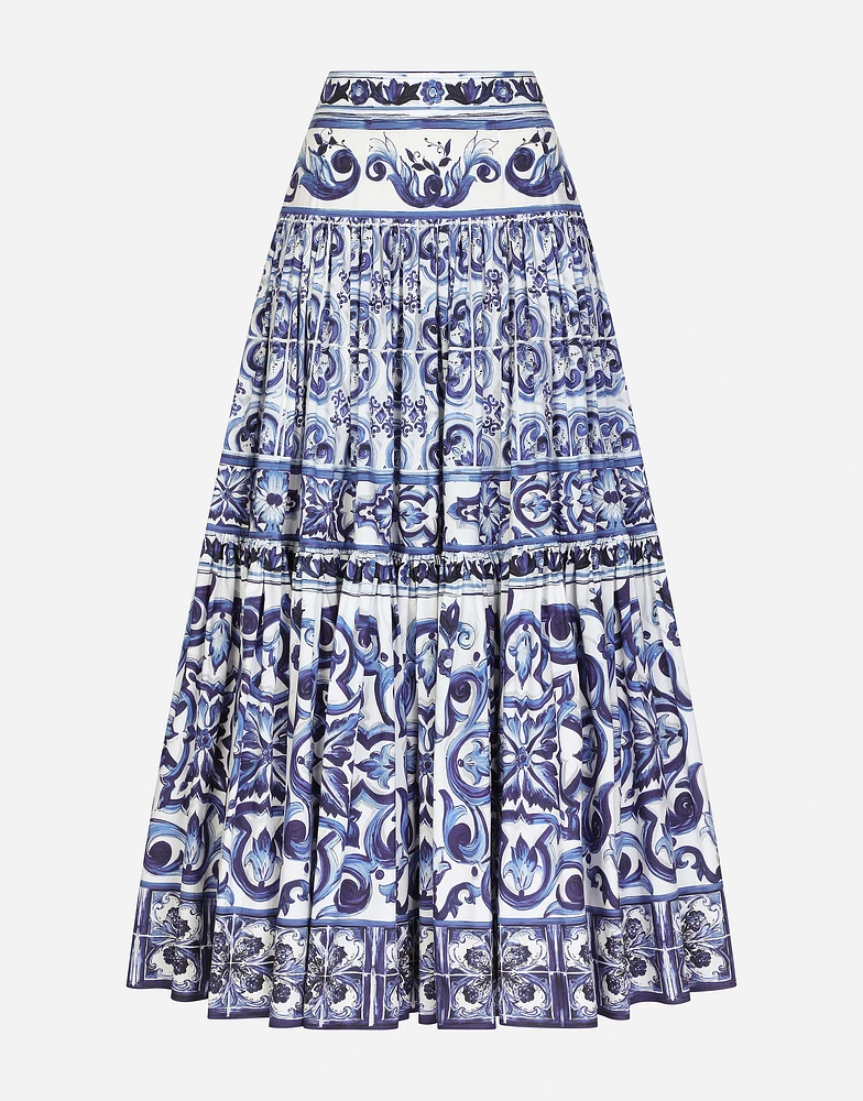 Long majolica-print poplin skirt