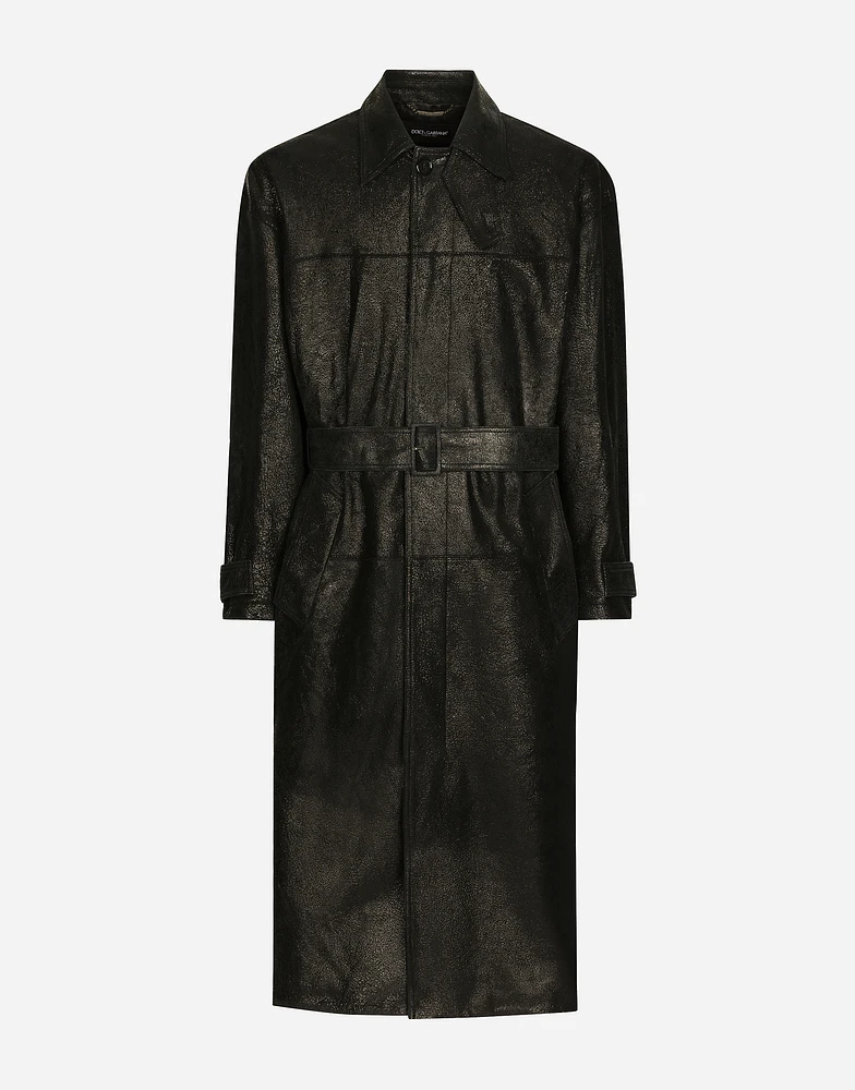 Leather trench coat with belt