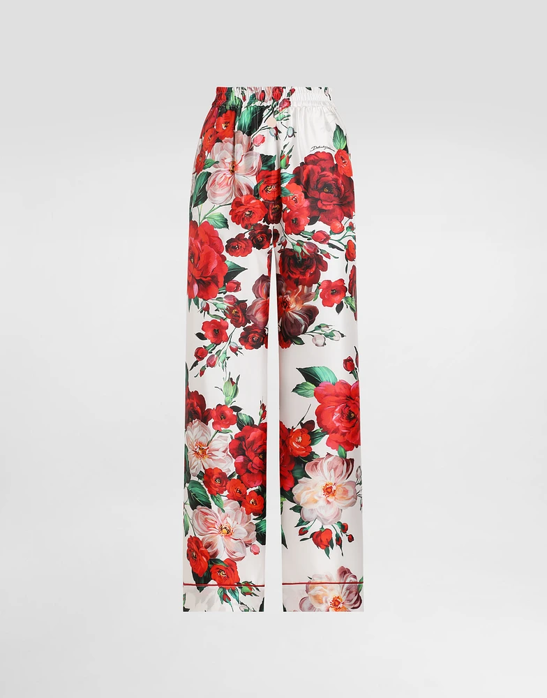 Satin pajama pants with rose print