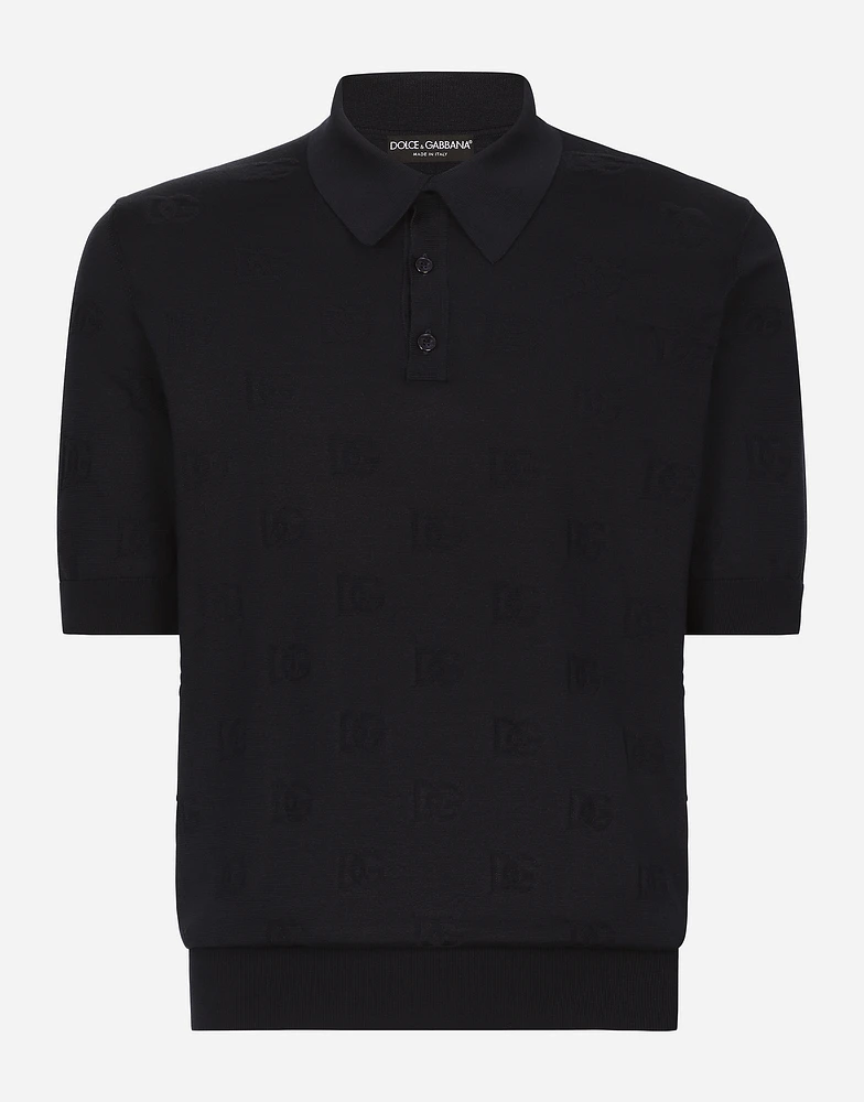 Silk polo-shirt with all-over DG logo embroidery