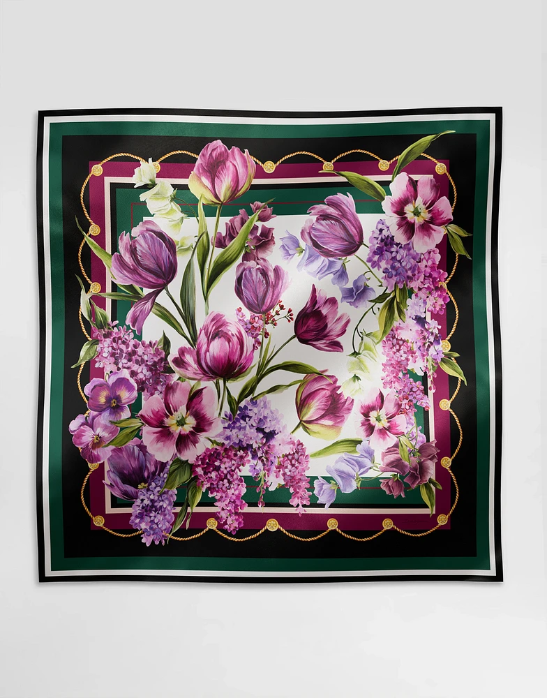Tulip-print silk twill foulard (90x90)