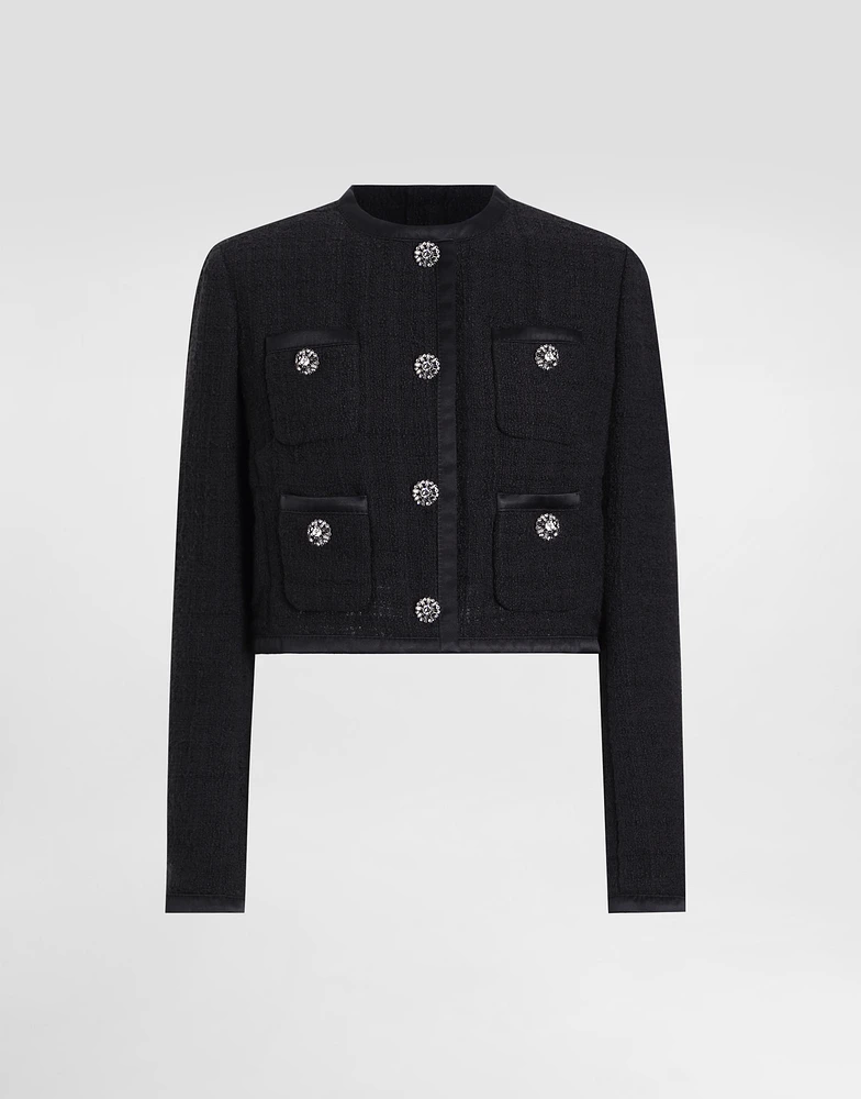 Cropped single-breasted raschel tweed jacket with bejeweled buttons