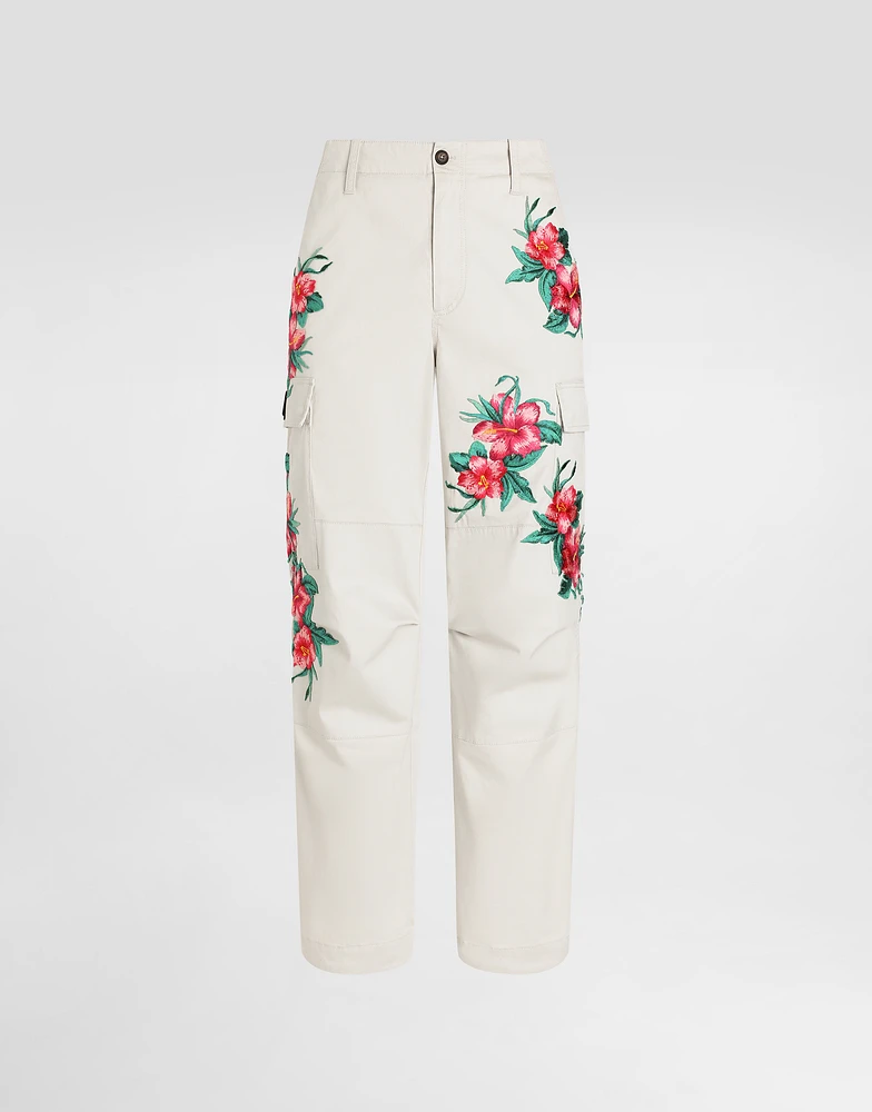 Cotton cargo pants with floral patches