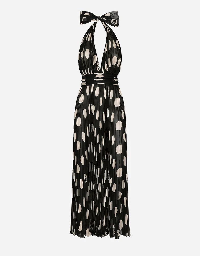 Pleated chiffon calf-length dress with polka-dot print