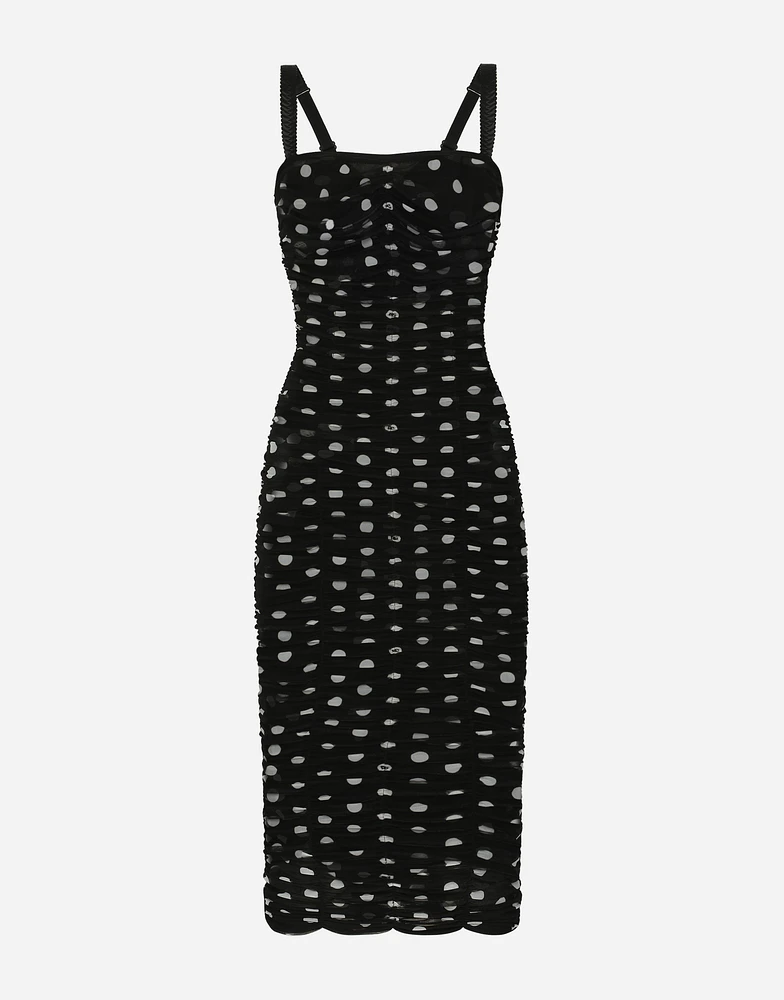 Tulle calf-length sheath dress with draping and polka-dot print