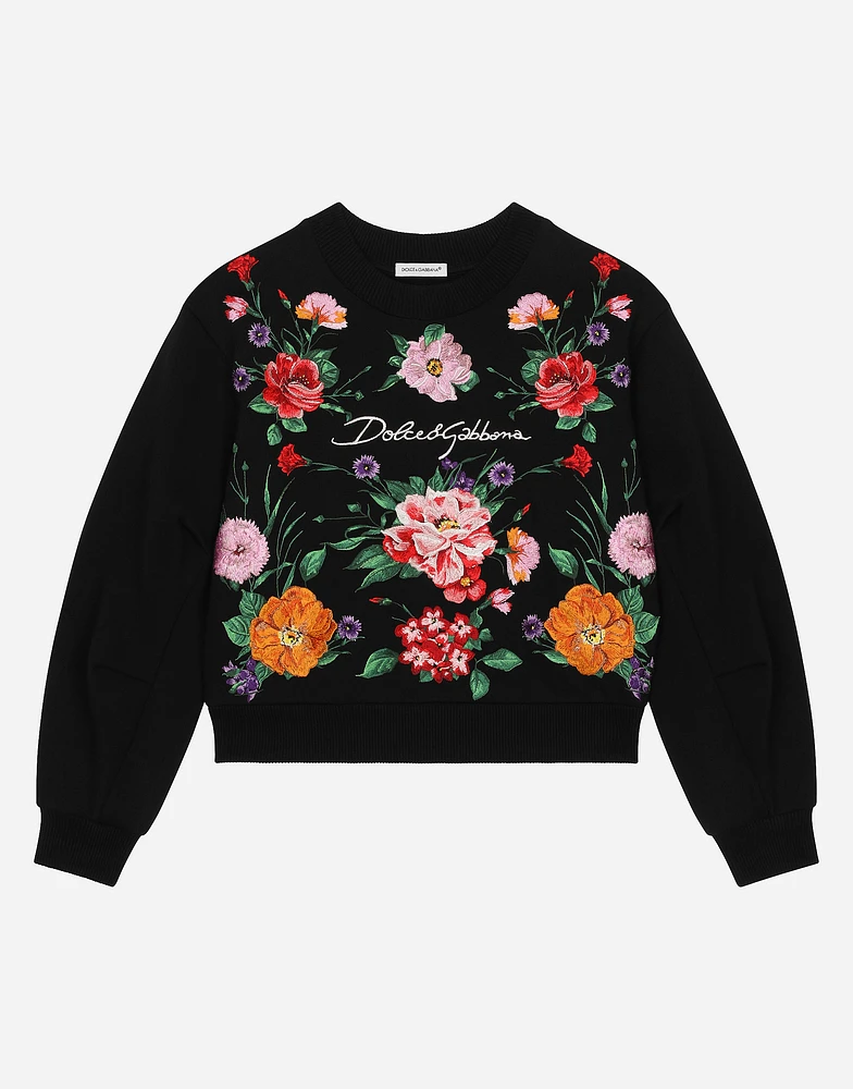 Jersey round-neck sweatshirt with floral detailing and Dolce&Gabbana logo