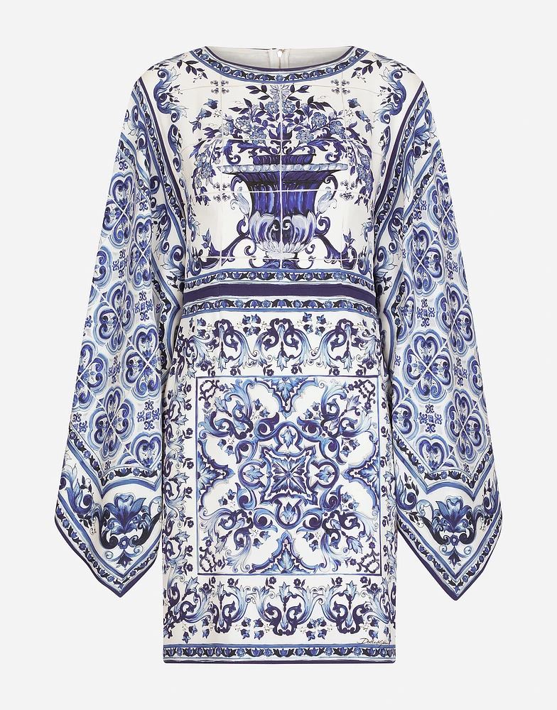 Short majolica-print charmeuse dress