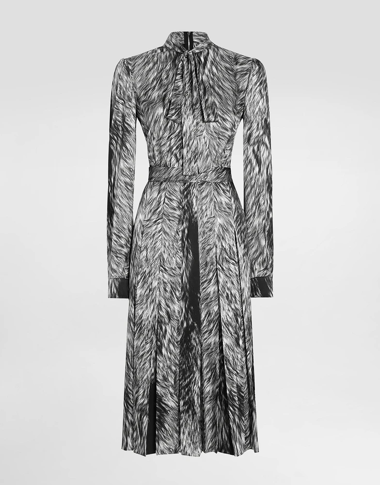 Fur-print calf-length shirt dress with pussy-bow