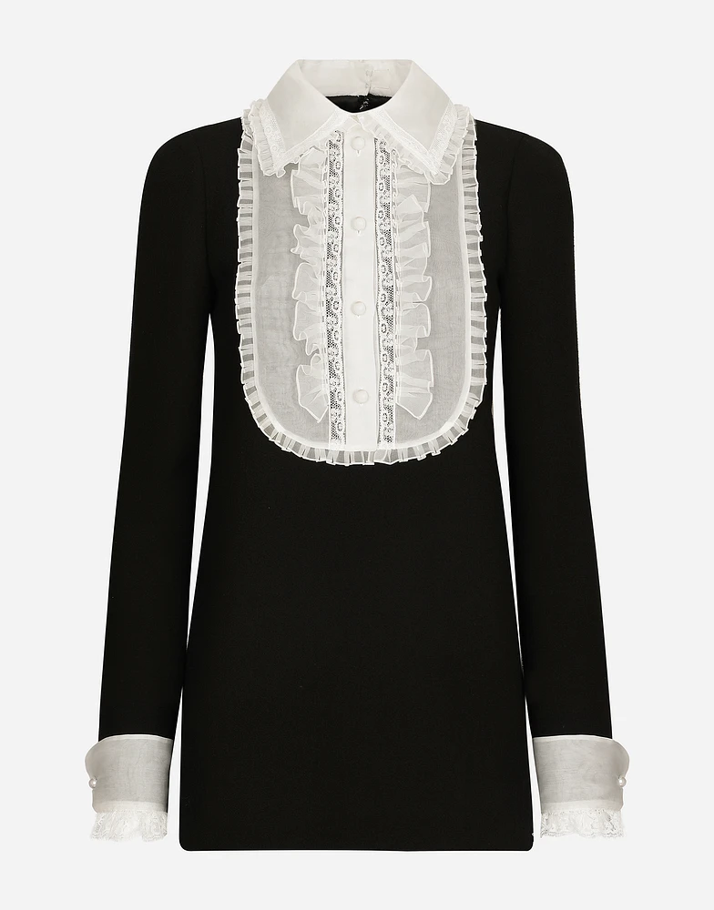 Short wool crepe dress with organza shirt front