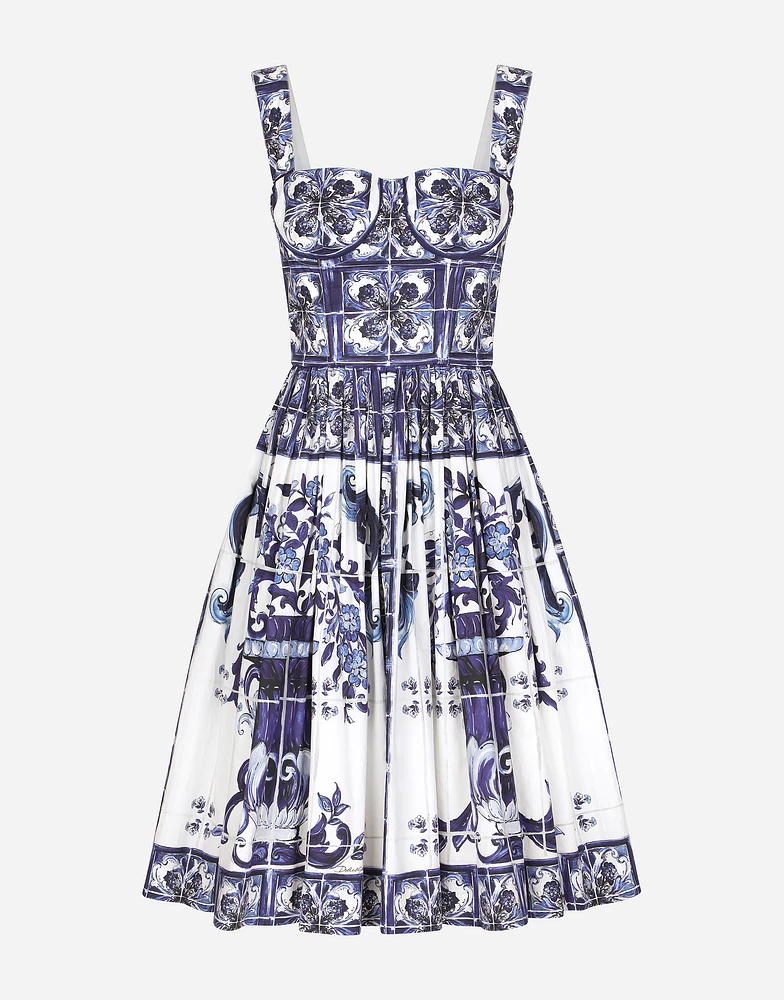 Bustier midi dress majolica-print poplin