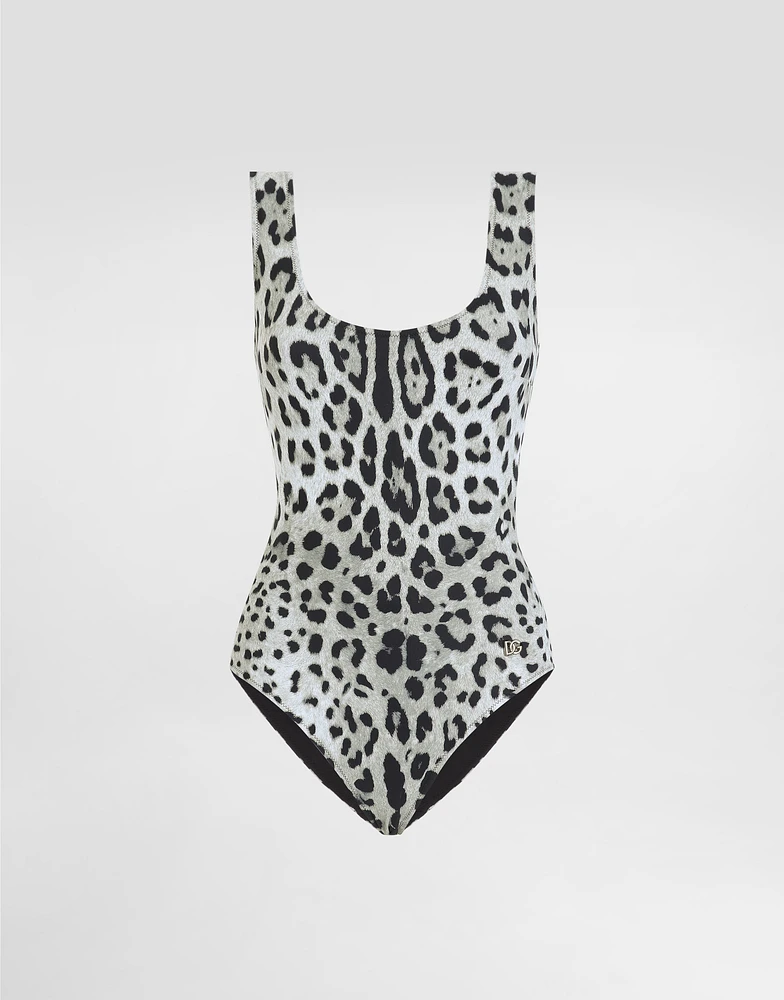 Leopard-print one-piece racing swimsuit