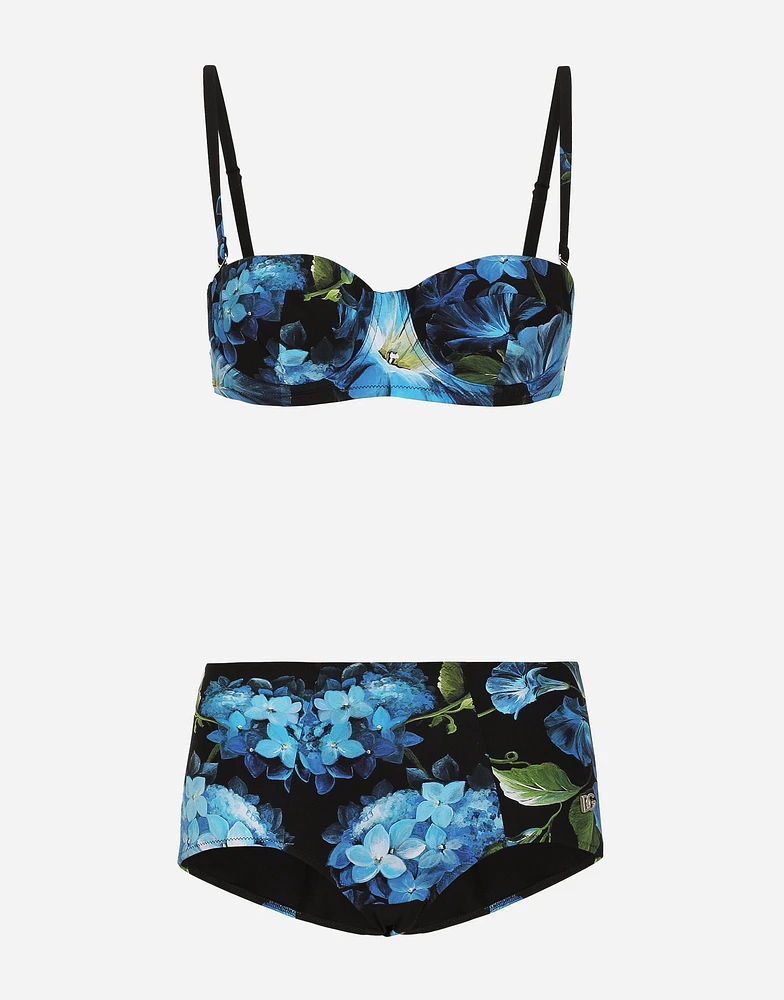 Bluebell-print balconette bikini with high-waisted bottoms