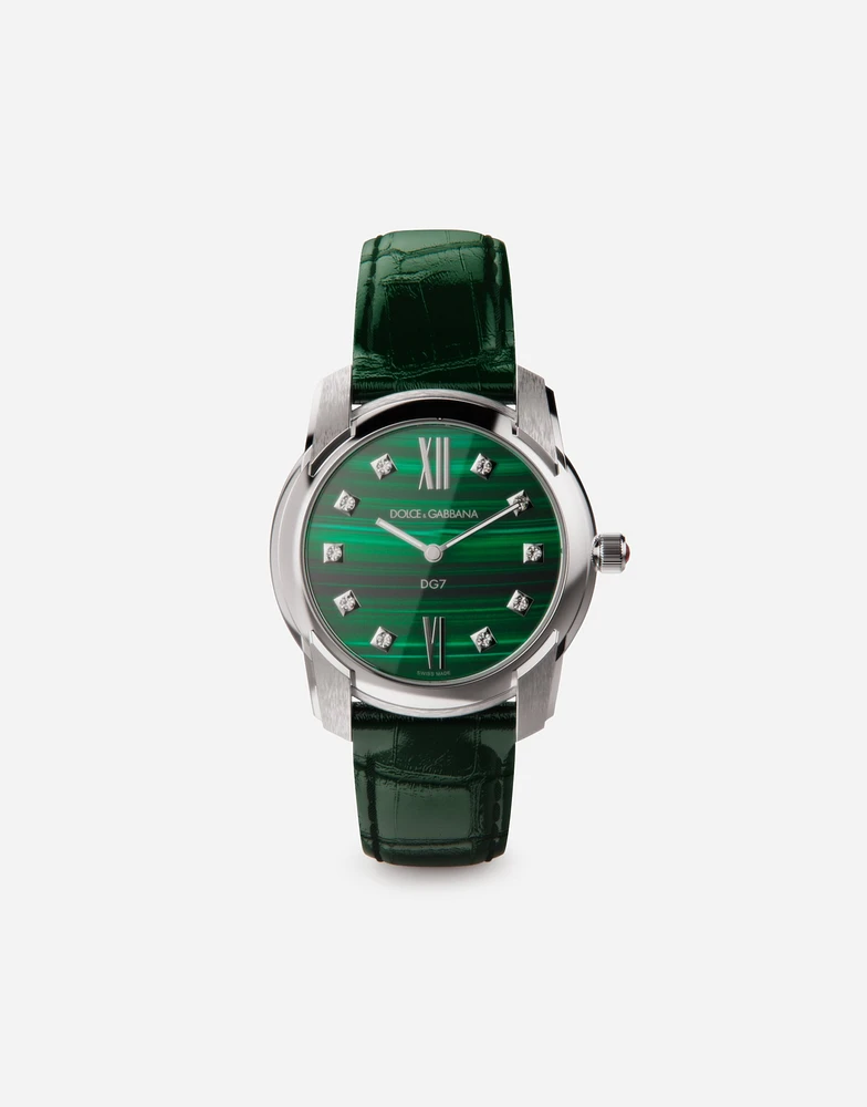 DG7 watch in steel with malachite and diamonds