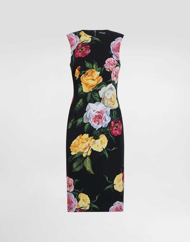 Charmeuse calf-length sheath dress with peony and rose print