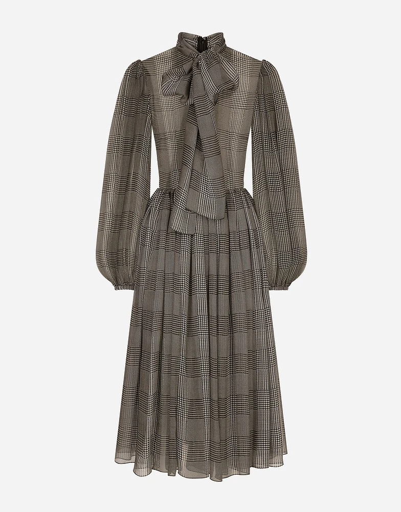 Silk chiffon dress with glen plaid print