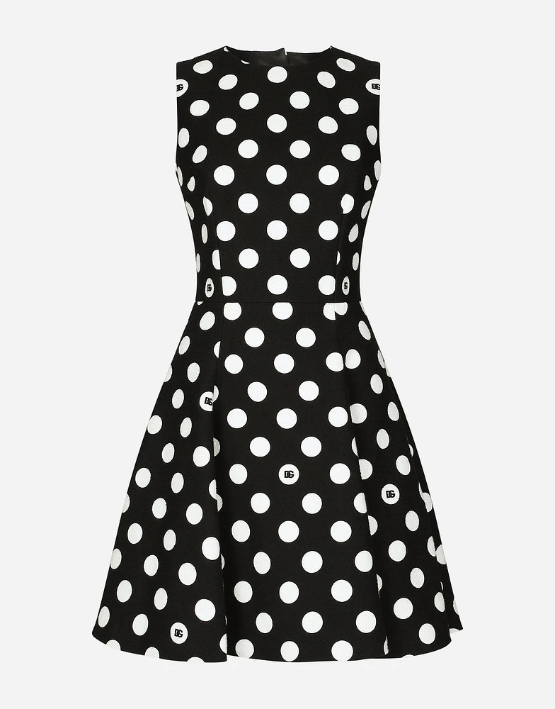 Short cotton rush-stitch brocade dress with polka-dot print