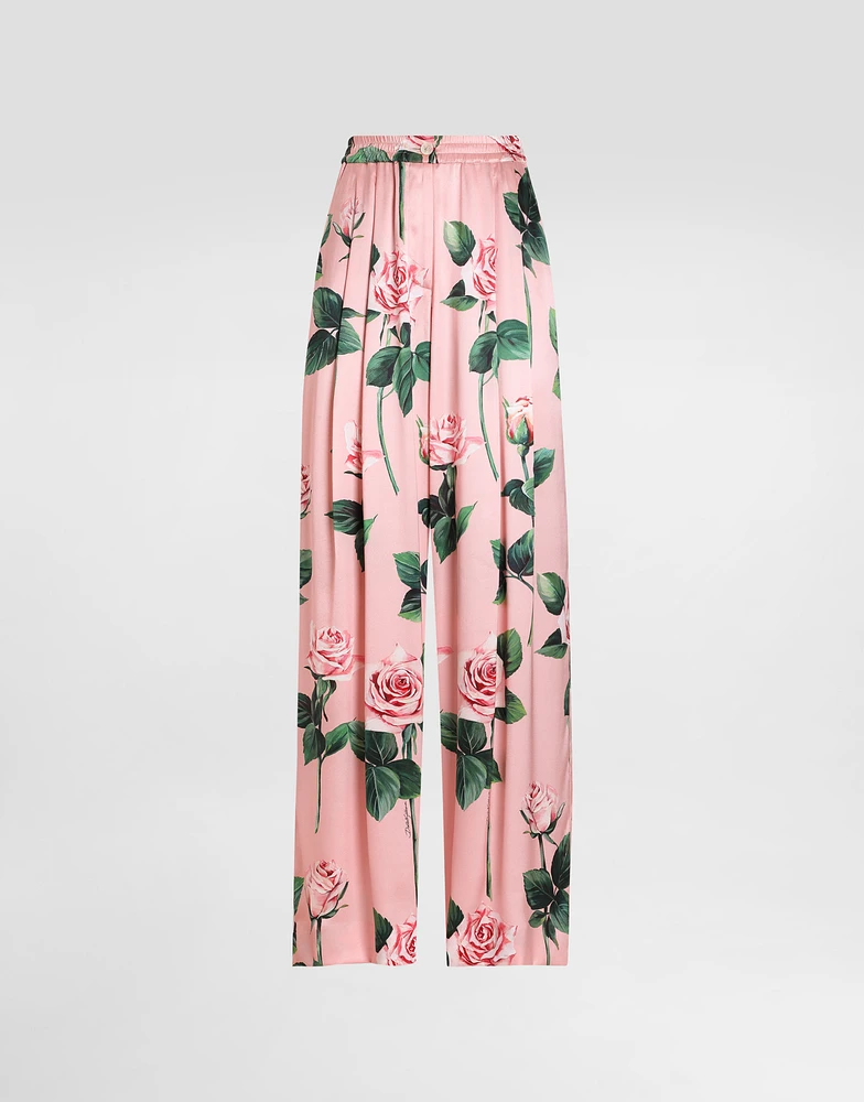 Silk pajama pants with rose print