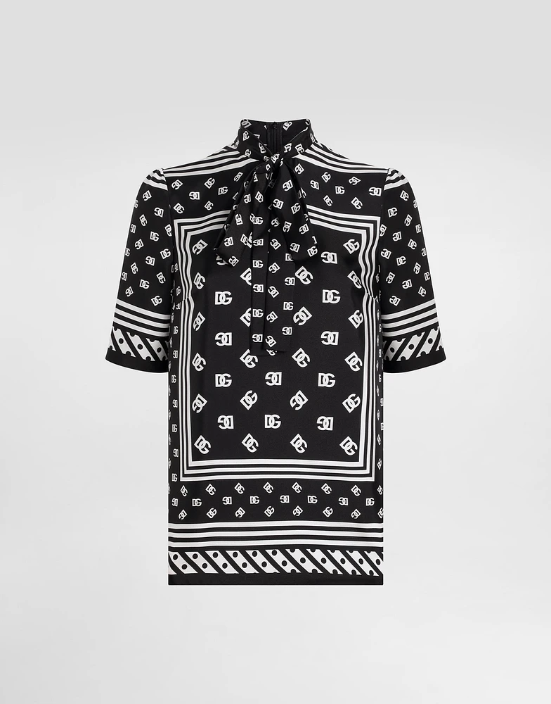 Short-sleeved silk blouse with pussy-bow and all-over DG logo scarf print