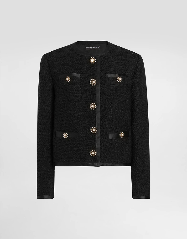 Cropped single-breasted bouclé tweed jacket with bejeweled buttons
