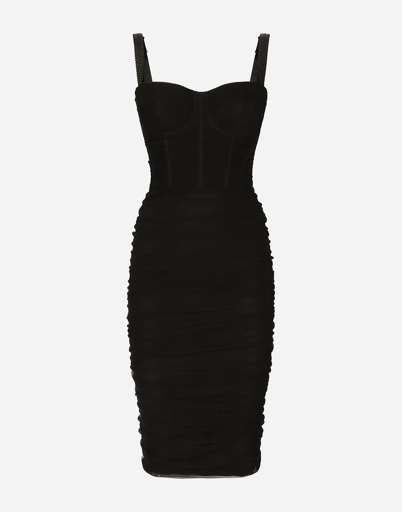 Tulle midi dress with draping and corset