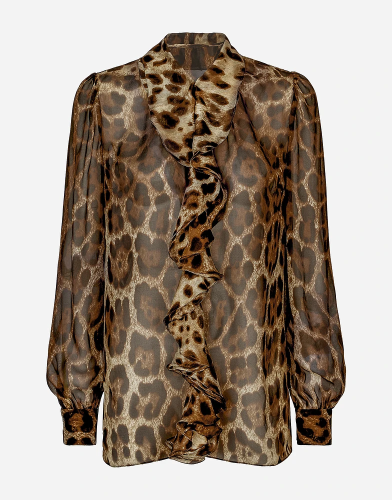 Leopard-print chiffon shirt with ruches