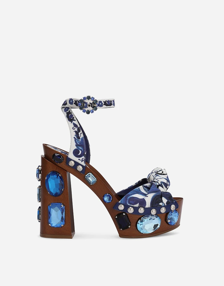 Majolica-print canvas wedge sandals with gemstones