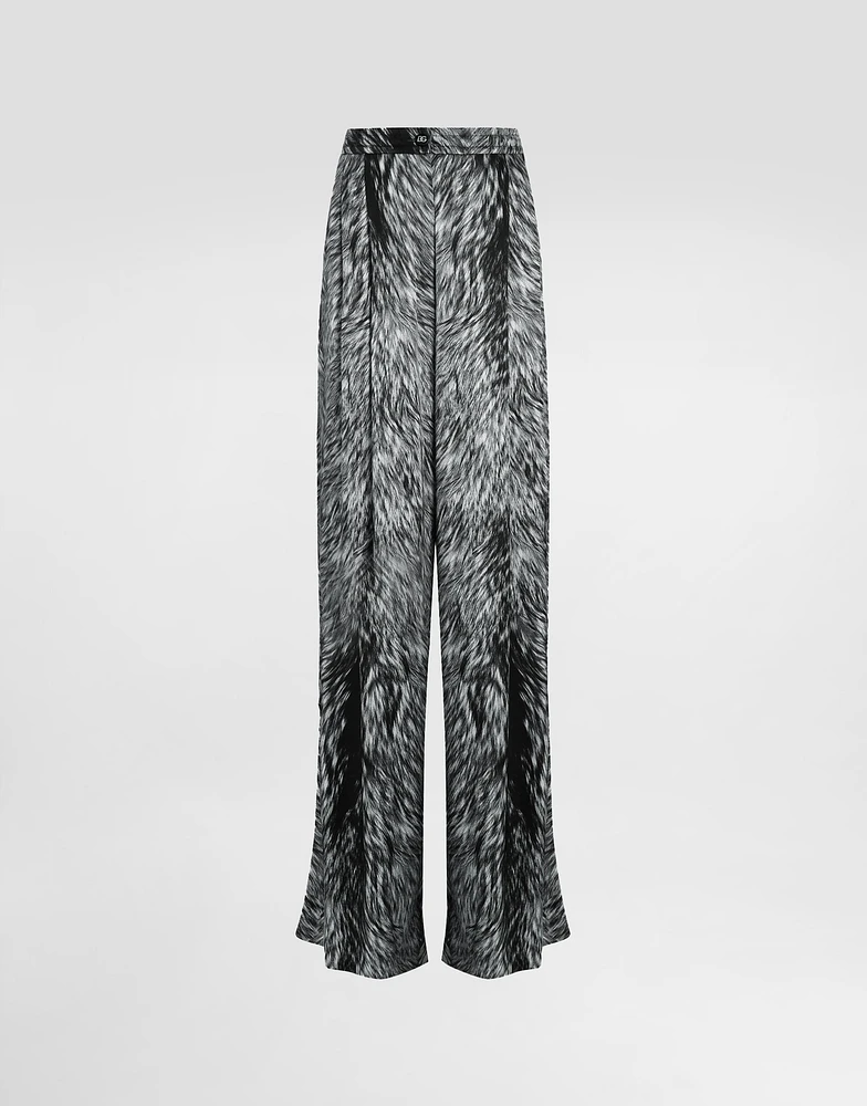 Silk satin pajama pants with fur print